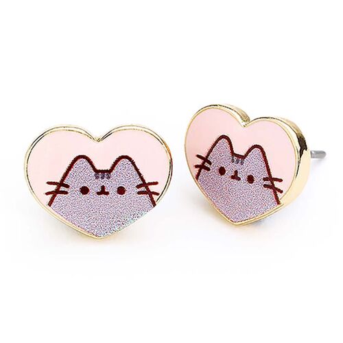 Pusheen the Cat Pink Enamel and Gold Heart Stud Earrings